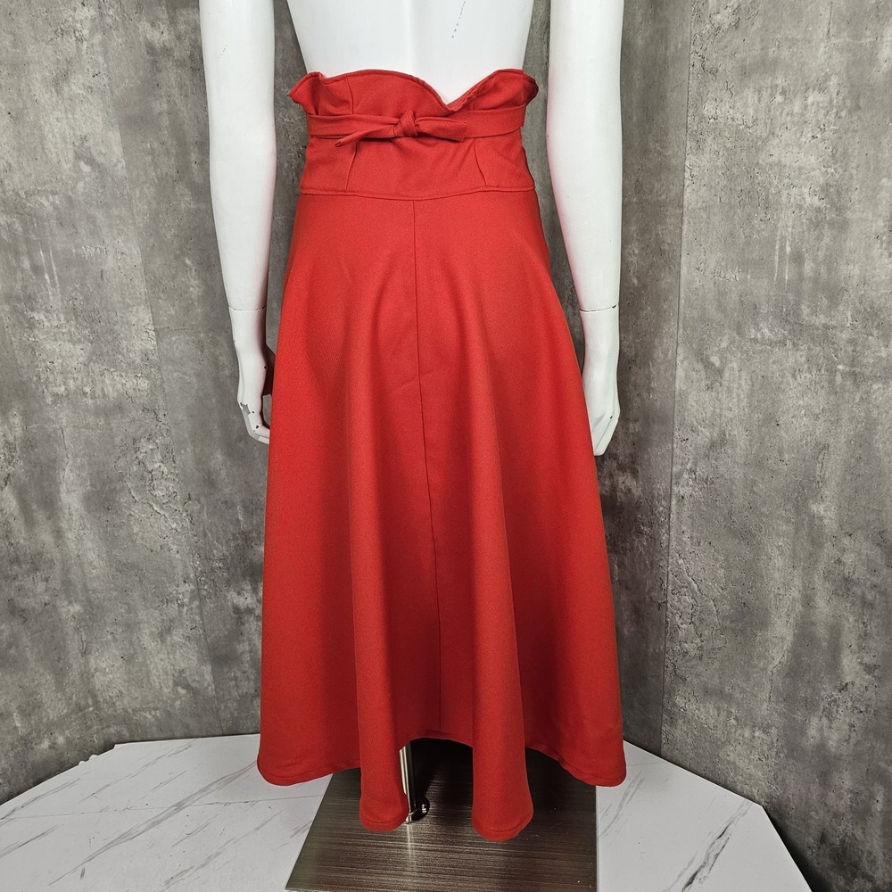 Vintage Handmade Size S Red Knit Polyester Hi Waisted Wrap Midi Skirt Tie Back - Picture 5 of 7